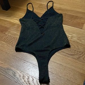 AE Studio Black and Gold Strappy Back Bodysuit